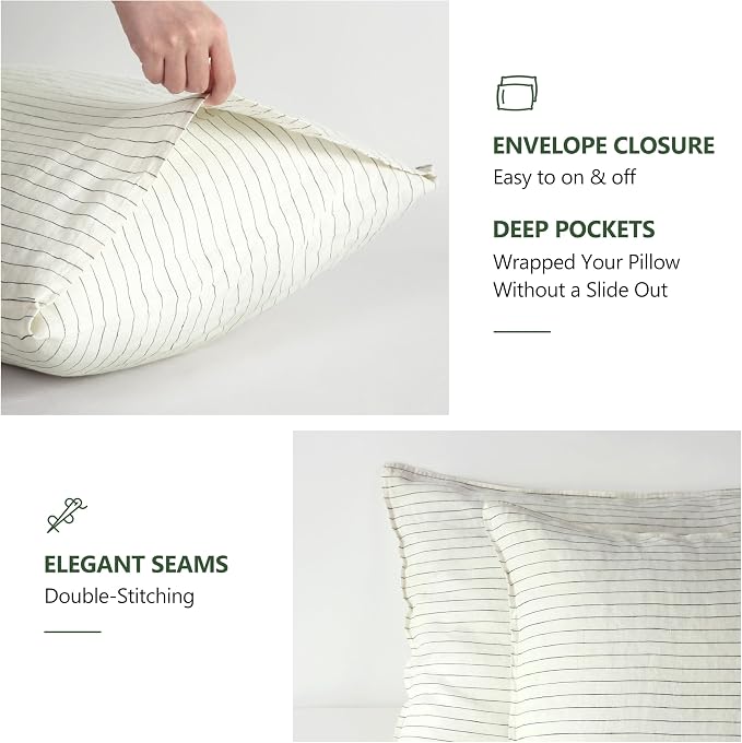 Striped Linen Pillow Cases Set of 2,20"x30" Standard/Queen Size,100% French Natural Flax Soft Linen Pillowcases,Olive Green Pinstripe