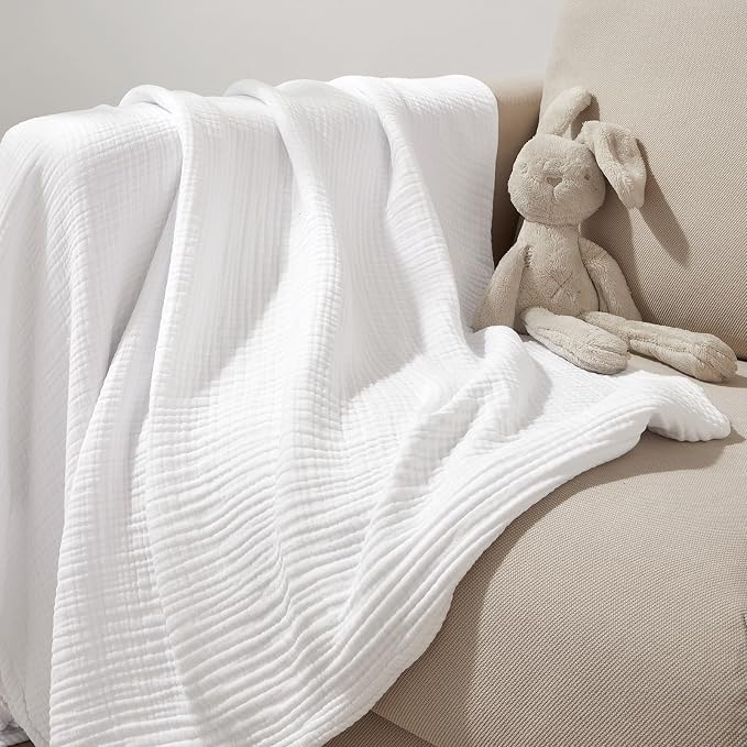 PHF 100% Cotton Muslin Throw Blanket 50" x 60", 4-Layer Lightweight Gauze Throw, Breathable Cloud-Soft Minimalist Blanket for Bed, Couch, Camping & Baby, White, Ideal Gift