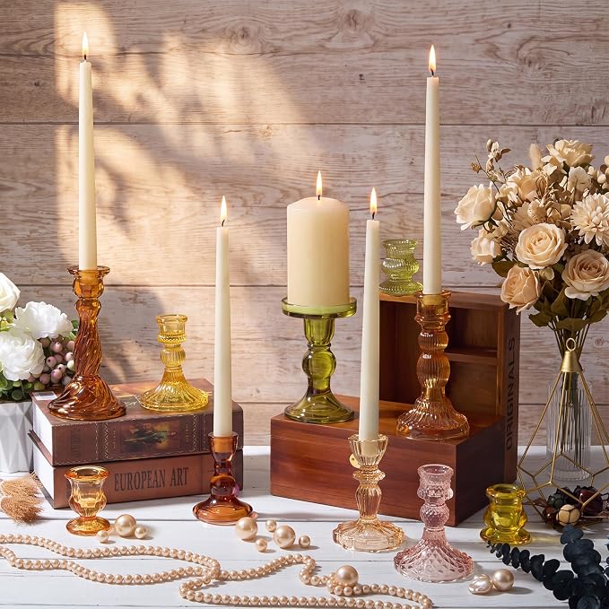 Mumufy 10 Pcs Glass Crystal Taper Candle Holders Clear Glass Candlestick Holder Fit 0.8 Inch Candles Crystal Decorative Candle Stand Centerpiece Table Wedding Dining Party (Classic,Orange Yellow)