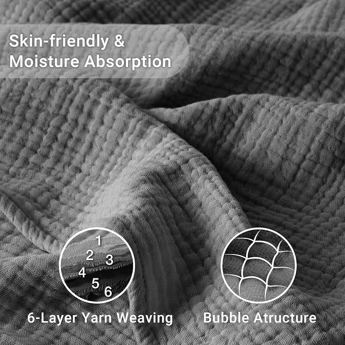 100% Cotton Muslin Blanket King 108" x 90", Breathable and Lightweight Cotton Throw Blankets for Bed, Soft Cooling Summer Gauze Blanket for Adults All Season, Charcoal Grey