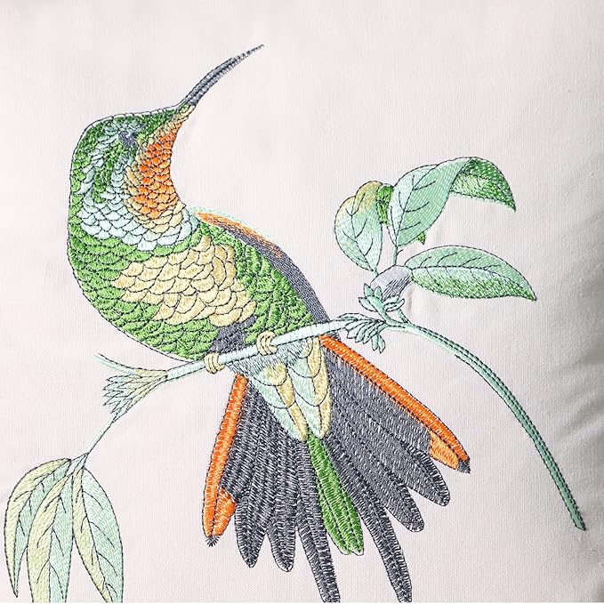 Set of 2 Embroidered Decorative Throw Pillow Covers Couch Square Pillowcases Cushion for Bedroom Sofa Farmhouse Decor 18x18 Inch (Hummingbird)