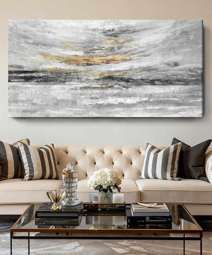 Nicetop 58x29" Large Black and White Abstract Coastal Wall Art with Metallic Gold Accents, Modern Minimalist Canvas Print of Ocean Waves and Clouds, Ready to Hang Wall Decor for Living Room, Bedroom Above Bed, Office