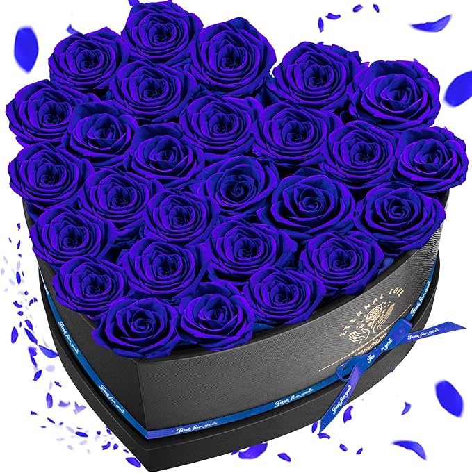 Impouo Preserved Rose in Heart Shape Box, 27 Forever Flowers, Eternal Roses, Birthday Gifts for Women, Wife, Her, Mother's Day, Blue