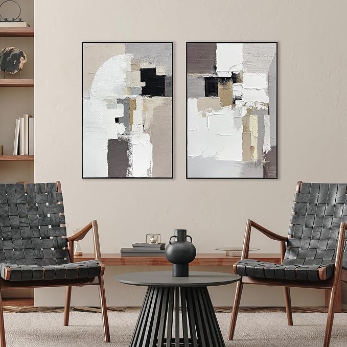 SAFERRYHOME Neutral Abstract Hand Painted Wall Art, 3D Textured Minimalist Framed Canvas Wall Decor, Large Modern Geometric Painting Artwork for Home Office Living Room, 24"x36"x2