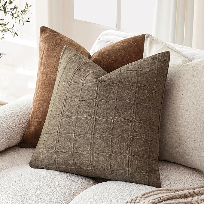 Foindtower Set of 2 Decorative Linen Check Throw Pillow Covers Neutral Farmhouse Vintage Cushion Covers Modern Boho Home Decor for Sofa Chair Couch Bedroom Living Room,22×22 Inch,Light Brown