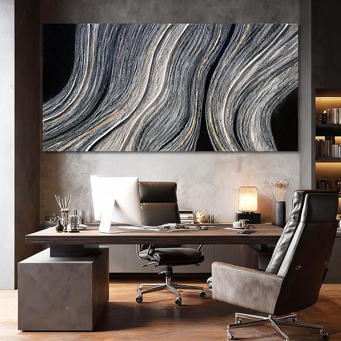 ZUNARE Contemporary Abstract Canvas Wall Art Black and white and gold Linear Painting, Minimal Modern Artwork for Living Room Bedroom Office Kitchen Wall Decoration 29"x58"