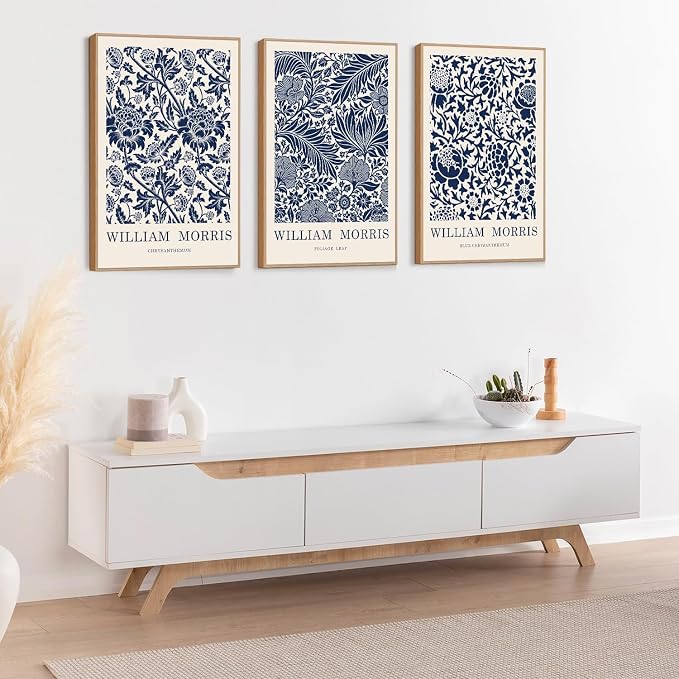 LHIUEM WILLIAM MORRIS Blue and White Picture Wall Decor,Vintage Wall Art Flowers Theme,Neutral Navy Blue White Tones Framed Prints,Scandinavian Cream Canvas Decor,Boho Botanical Art for Home-24”X36”X3