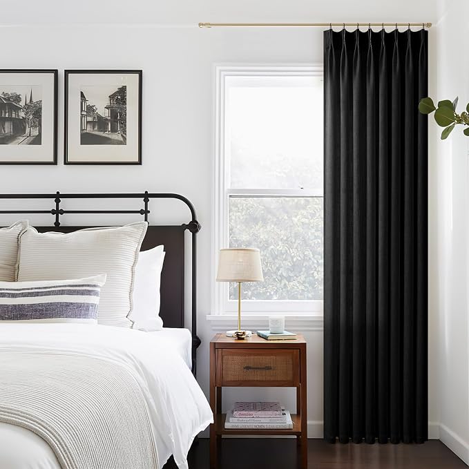 Black Linen Pinch Pleated Curtains 108 Inches Long for Living Room Pleated Drapes Hooks Back Tab Thick Linen Textured Boho Farmhouse Country Extra Long 108 Inch Curtain for Dining Bedroom 1 Panel