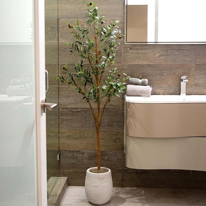 Nearly Natural 5FT Tall Silk Faux Olive Tree for Home and Office Decor, Fake Potted Tree with Natural Wood Trunk, Realistic Branches and Lifelike Fruits