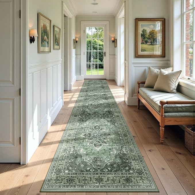 RELEANY Area Rugs 3'x12' Runner Rug Non Slip Washable for Kitchen Hallway Bedroom Beside Laundry Room Bathroom Rug, Floor Carpet, Dark Green Gray