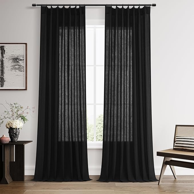 Guken Black Pinch Pleated Linen Curtains 90 Inches Long Country Boho Farmhouse Semi Sheer Textured Linen Blended Light Filtering Curtain for Living Room Bedroom Pleated Drapes with Hooks Rings 40x90