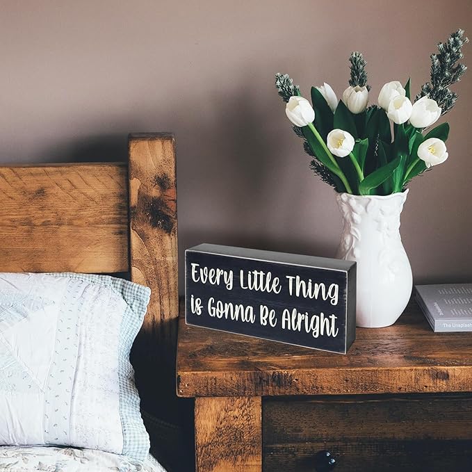 Esur Every Little Thing is Gonna Be Alright Birds Wooden Box Sign - Farmhouse Art Home Desk Shelf Tabletop Wall Black Decor