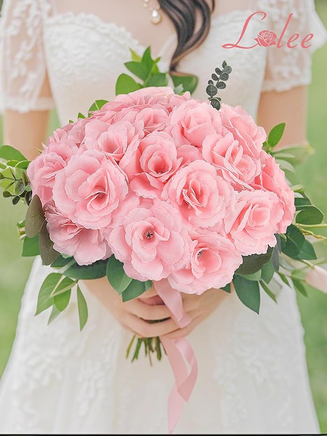 LELEE 108pcs Roses Head Flowers with Stem - Pink Artificial Flowers Rose Bulk - Silk Rose Fake Flower for Wedding Bouquet Valentine's Party Decor DIY Bridal Shower Centerpieces