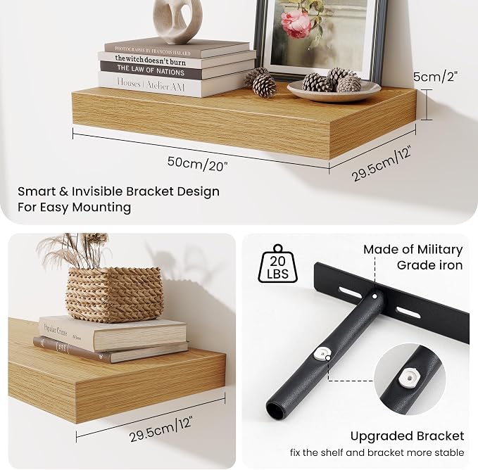 Fun Memories Wood Floating Shelves 20 Inch, 12 Inch Deep Shelves Wall Mount, Wall Shelves with Invisible Bracket, 20" Floating Shelves for Living Room Bathroom Bedroom, Oak, Set of 2