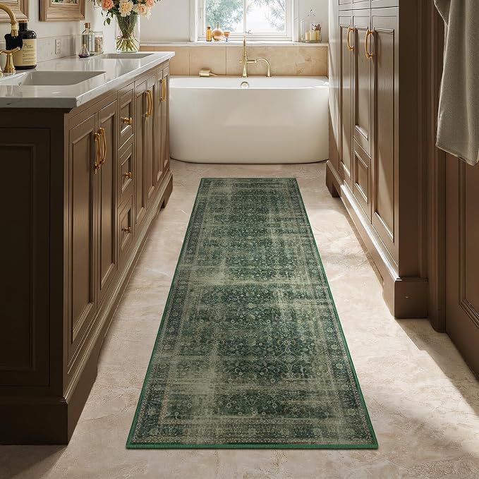 Dark Green 2x6 Hallway Runner Rug, Washable Non Slip Thin Carpet Runners for Kitchen Floor, Distressed Moody Runner Rugs for Entryway/Foyer/Bedroom/Laundry Room, Green with Brown Accents
