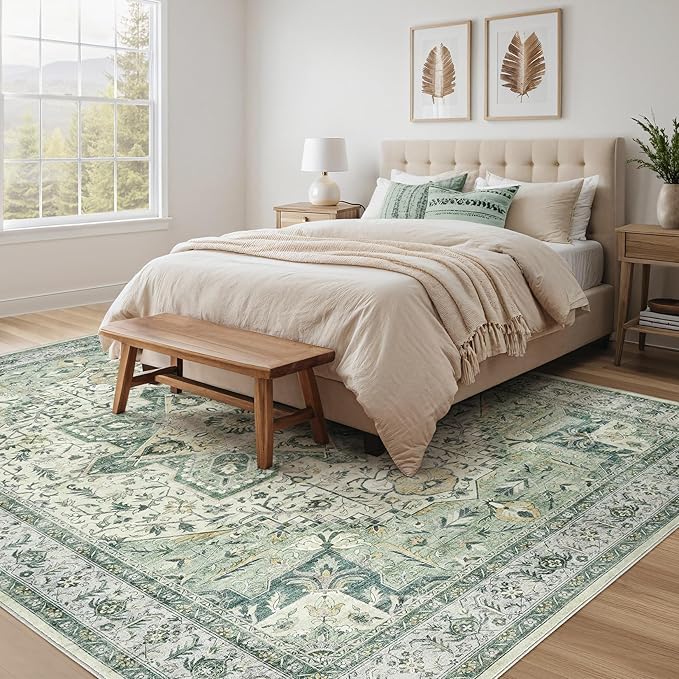 Tortania Area Rug Living Room Rugs - 9x12 Washable Boho Rug Vintage Oriental Distressed Farmhouse Large Thin Indoor Carpet for Living Room Bedroom Under Dining Table Home Office - Green