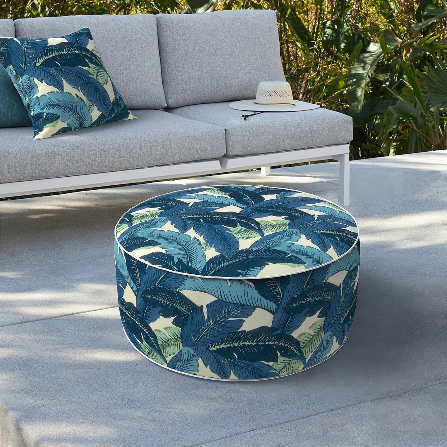 LVTXIII Indoor/Outdoor Inflatable Ottoman, D31 x H14 Inch Large Round Ottoman, All Weather Foot Rest Stool, Portable Footrest for Patio, Garden, Camping and Home - Swaying Palms Blue