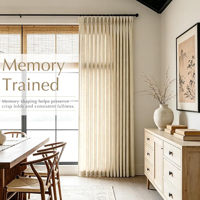 Memory Trained Linen Triple Pinch Pleated Curtains 2 Panels 40x63 Linen Blend Light Filtering Privacy Drapes with Hooks Back Tab for Track System Bedroom Study Minimalism Neutral Decor
