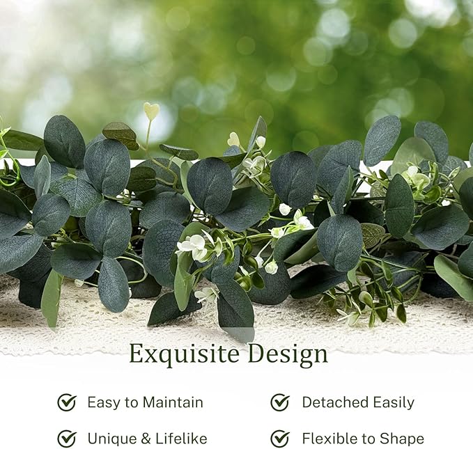 YIJXPOIN Eucalyptus Garland, 6FT Green Flower Garland Decor, Artificial Faux Eucalyptus Leaves Greenery Vines for Table Runner Wedding Bedroom Mantle Centerpieces Backdrop Decorations