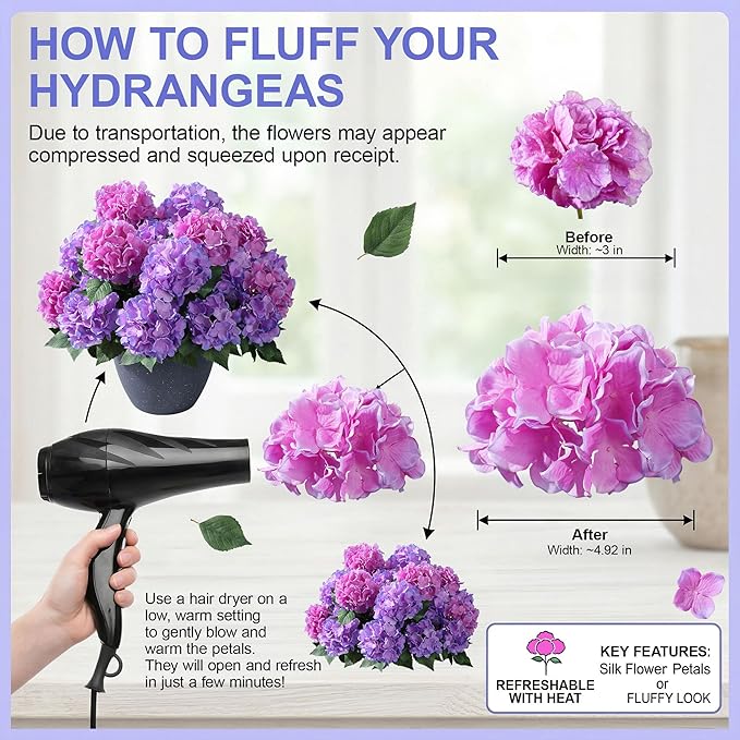 Ivydale Artificial Flowers for Outdoors, 4 PCS Purple Fuchsia Fake Silk Hydrangea Flower Stems for Bouquets UV Resistant Realistic Faux Plants Home Outdoor Wedding Party Centerpieces Decor