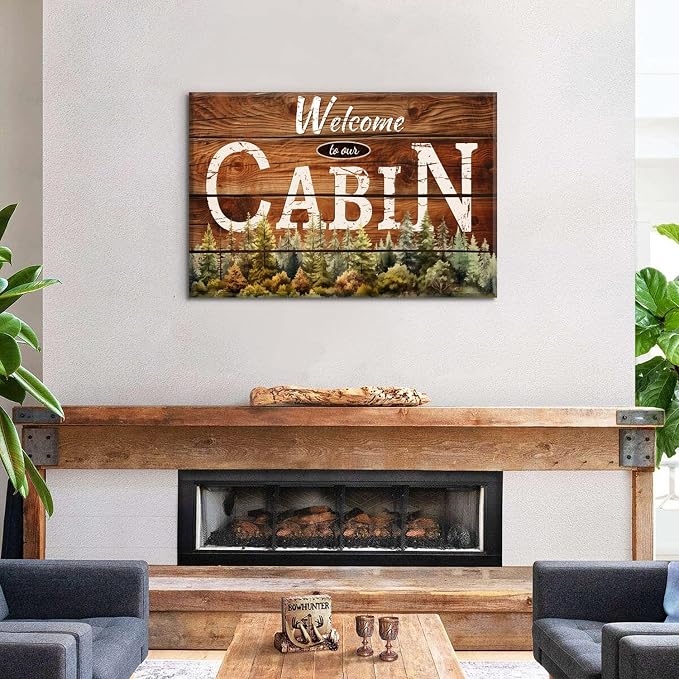 Cabin Wall Art Rustic Farmhouse Forest Wall Decor for Living Room Vintage Brown Wooden Grain Background Prints Welcome to our Cabin Picture Modern Artwork Bedroom Living Room Home Decorations 24x36"