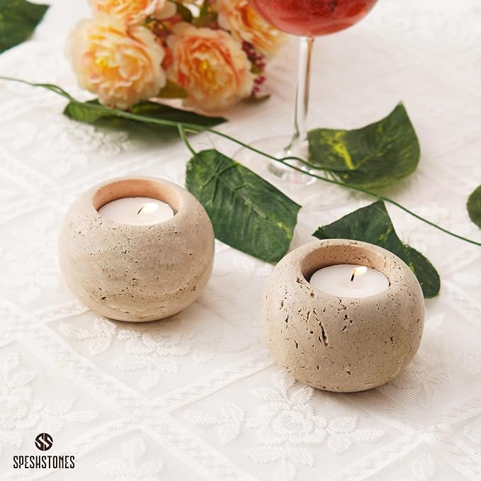 Marble Tealight Candle Holders 3 Inch Travertine Votive Candles Holder for Dining Table Centerpiece Decor - Small Tea Lights Set of 2 for Gifts for her