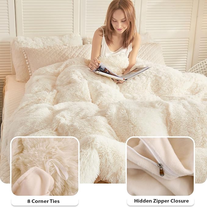 LIFEREVO Luxury Plush Shaggy Duvet Cover Set, Soft Velvet Fluffy Furry Duvet Cover Set(1 Ivory Faux Fur Fuzzy Comforter Cover+2 Pompoms Pillowcases)Solid Bedding Set, Zipper Closure(King, Light Beige)