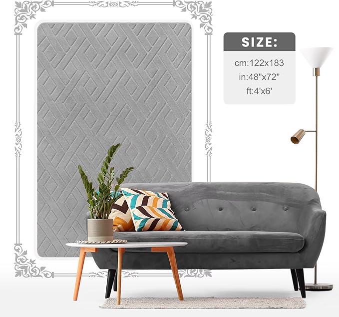 Macgace Ultra Soft Grey Area Rug for Bedroom, 4x6 Modern Geometric Shag Rugs with Nonslip Backing for Living Room, Washable Fuzzy Carpet for Cozy Kids Room Nursery
