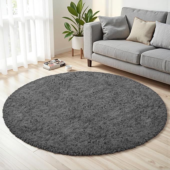 Dark Gray Round Fluffy Rug 6ft Plush Fuzzy Shaggy Carpet,Soft Rugs for Living Room for Nursery,Preppy Dorm,Classroom,Playroom,Teen,Baby Home Decor (Dark Gray 6"x6")