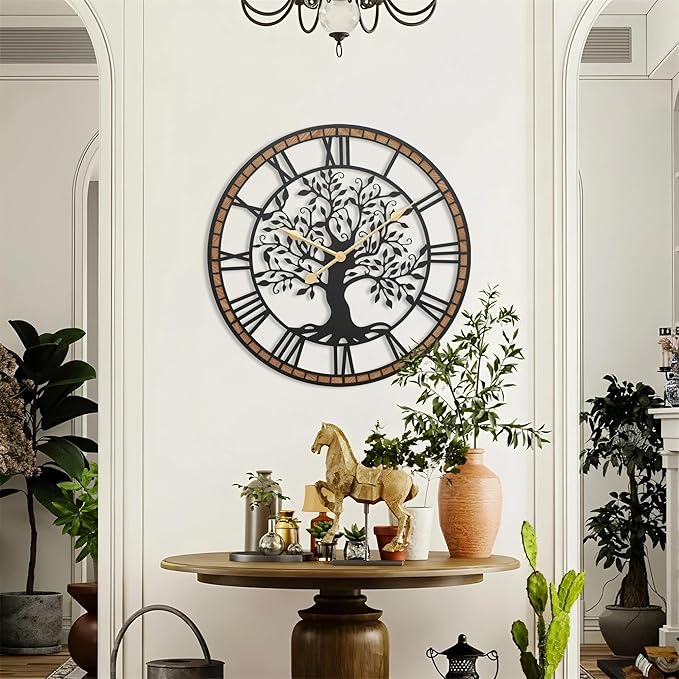 Micasso Rustic Large Wall Clock: 27Inch Farmhouse Tree of Life Metal with Wood Frame - Vintage Battery Operated Wall Clocks for Bedroom/Office/Living Room/Kitchen - Home Decor for Porfessional