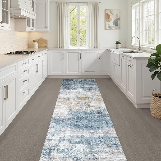Runner Rug Non-Slip Kitchen Rug: 3x8 Washable Abstract Modern Soft Stain Resistant Indoor Floor Neutral Accent Throw Carpet for Hallway Bathroom Laundry Room Bedroom Entryway- Blue Gold