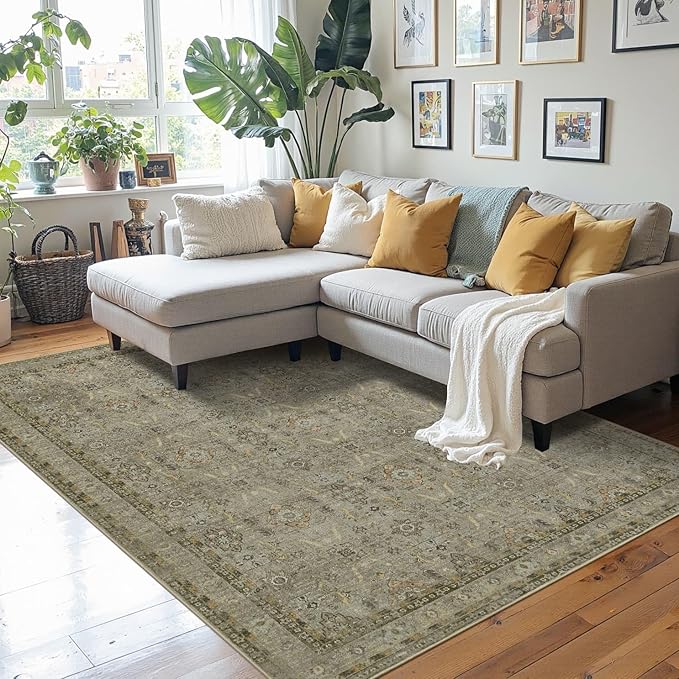 Rugxara 4x6 Rug for Living Room Bedroom, Washable Throw Rugs, Vintage Retro Boho Area Rugs, Non Slip & Low Pile Accent Throw Carpet for Indoor Dining Room, Kids Room and Office(Olive Brown 4x6ft)