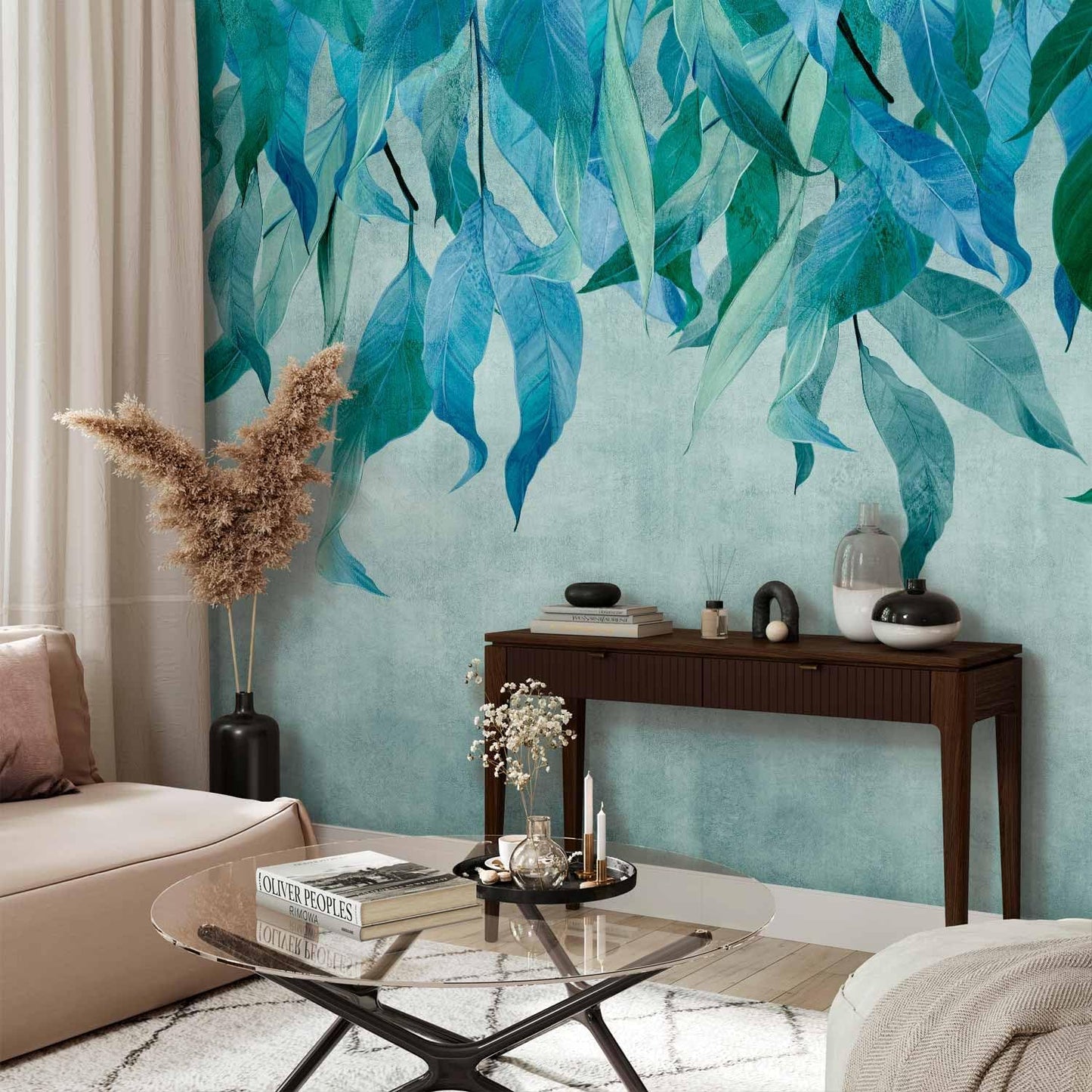 artgeist Premium Wall Mural Hanging Leaves 177x124 in - Non-Woven Wallpaper Fleece Wall Decor Photo Print Picture Image Design Nature Botanical Concrete Green Blue b-C-10146-a-b
