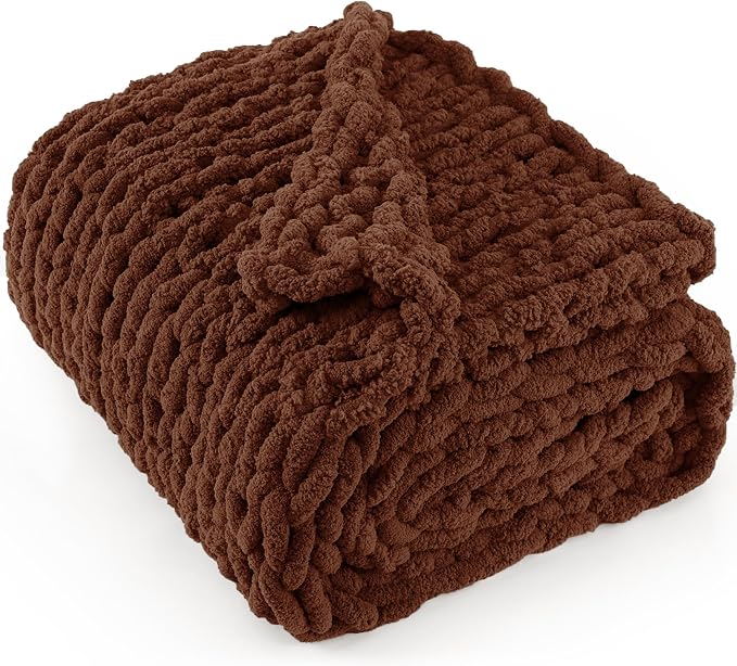 Chunky Knit Throw Blanket 50x60, 100% Handmade Chenille Yarn | 4.4lbs Soft Thick Cable Knitted Blankets, Large Rope Knot Crochet Throws for Couch Sofa Bed Machine Washable, Cocoa Brown