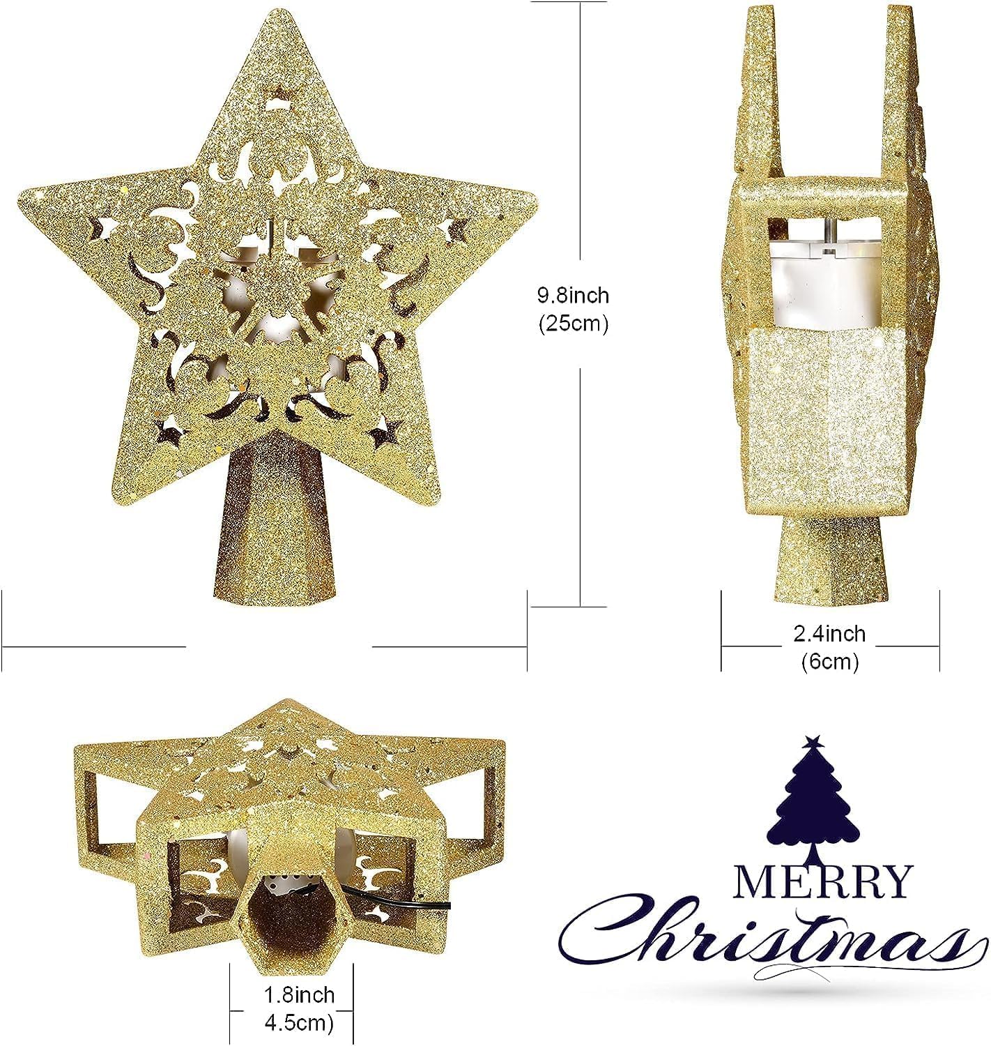 Christmas Tree Topper Lighted with Snowflake Projector, LED Rotating 3D Glitter Tree Topper for Christmas Tree, Christmas Decorations Lights (Golden Star Tree Toppers)