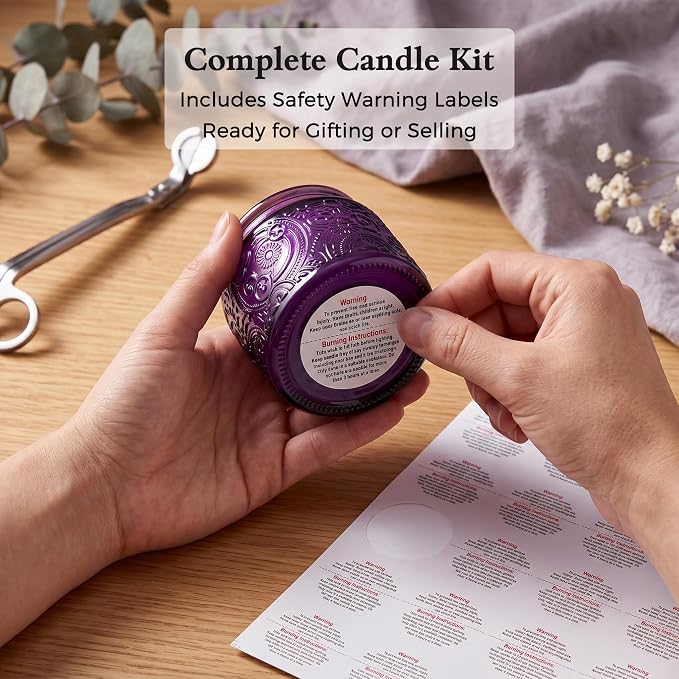 4 oz Purple Sun Moon Stars Candle Jars with Bamboo Lids, 18 Pack | Patented Embossed Design, Includes Wick Centering Devices & Warning Labels, Multiple Color Options