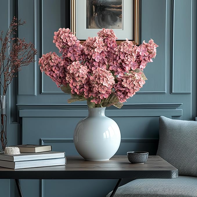Ttranewsoo Burgundy Hydrangea Artificial Flowers,Fall Hydrangeas Artificial Flowers, Fake Fall Dried Hydrangea Decoration,Faux Silk Flower with Stems Winter Decor(Red Rose 24" 8pcs) Without Vase