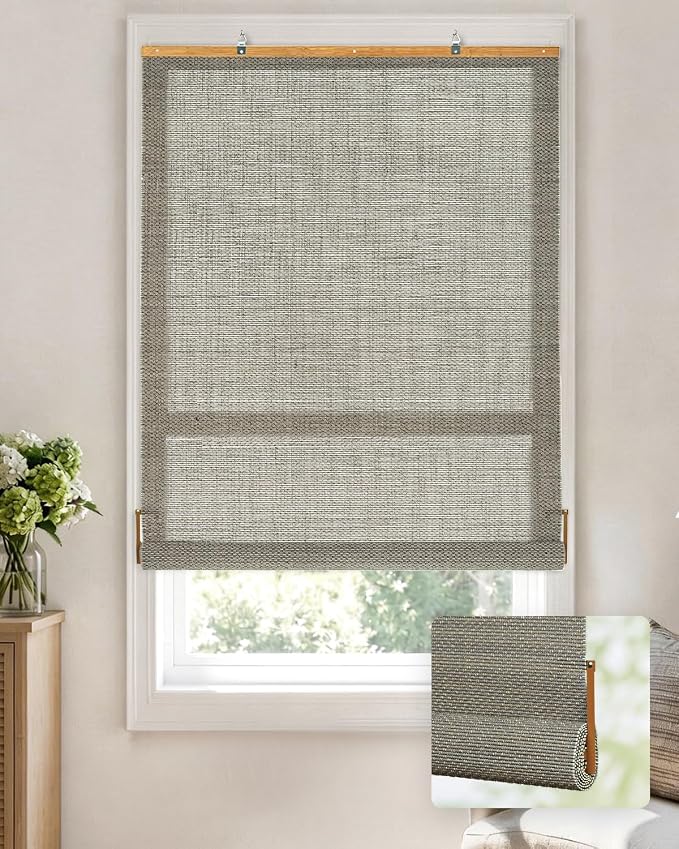 LazBlinds Manual Roll-up Bamboo Blinds, 28" W x 72" H, Star-Grey | Easy Install Roller Shades for Windows, Hook-On Light Filtering Bamboo Shades for Interior Indoor Windows