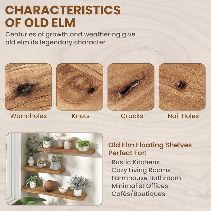 72 Inch Floating Shelves for Wall 1 Pack Shelves for Bedroom, Bathroom, Kitchen, Wall Mounted Rustic Solid Elm Wood Floating Shelf with Invisible Bracket for Books, Decor, Storage, Natural