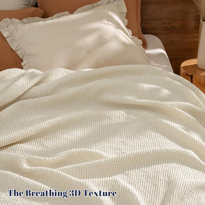 PHF Stone Washed 100% Cotton Waffle Blanket, Vintage Deep Honeycomb Texture, Breathable Thermal Blanket for Bed & Home Decor, All Season Layering - King, Undyed/Raw