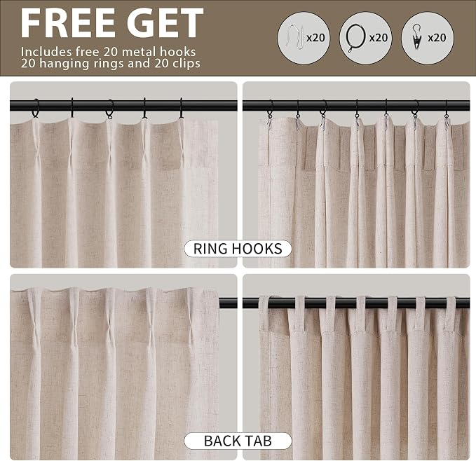 Cream Beige Pinch Pleated Linen Curtains 108 Inch Length 2 Panels Set for Living Room Bedroom Modern Farmhouse Country Privacy Light Filtering Semi Sheer Back Tab Drapes with Hooks for Nursery 40x108