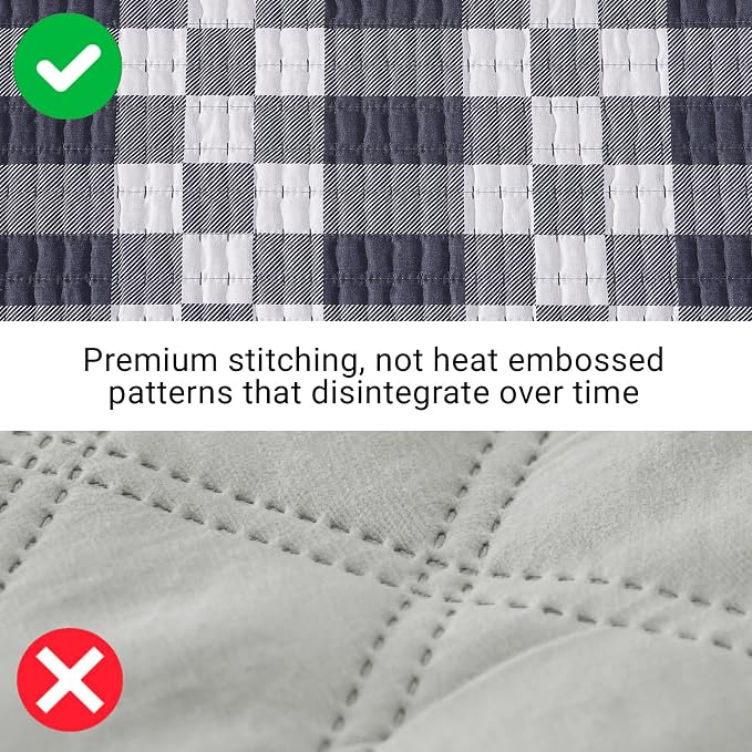 WRENSONGE Plaid King Quilt-3 Pieces Lightweight Bedspread Blue Grey Quilt King Size Quilt Bedding Set for All Seasons, Soft Summer Reversible Neutral Coverlet with 2 Pillow Shams