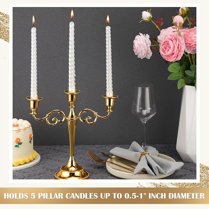 Dandat 3 Pcs 3 Arm Metal Candelabra Candlestick Holders Tall Candlestick Holders Gothic Candle Holder for Home Wedding Church Christmas Party(Classic,10 Inch,Gold)