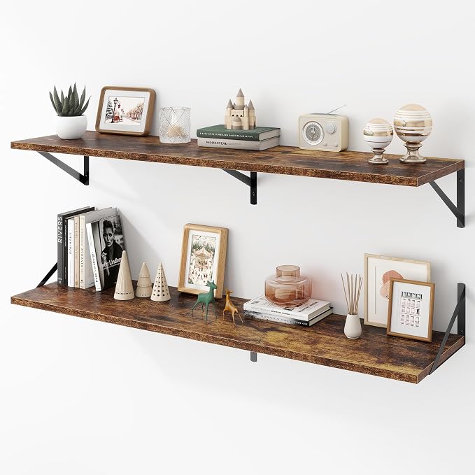 Acovy Deep Floating Shelves Wall Mounted, 48"x12" Brown Wood Shelves with Brackets Set of 2 for Bedroom, Living Room, Bathroom, Kitchen, Office - Storage & Display Shelf for Decor, Books, Plants