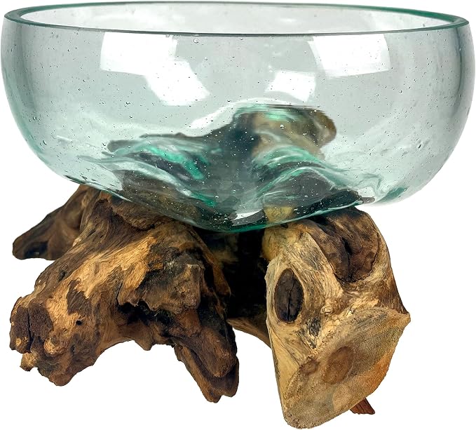 Decorative Vase, 10 Inch Diameter Molten Glass Bowl on Driftwood | Low 6 Inch Profile, Genuine Indonesian Wood, Hand Blown Clear Vessel with Bubbles and Organic Shapes
