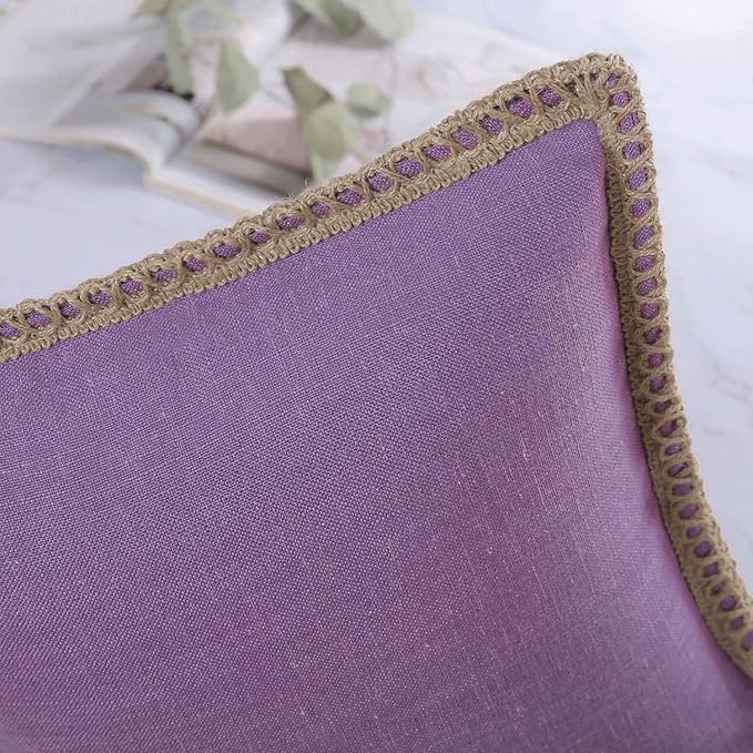 Phantoscope Pack of 2 Farmhouse Decorative Solid Throw Decorative Pillow Cover Burlap Linen Trimmed Tailored Edges Purple 22 x 22 inches, 55 x 55 cm