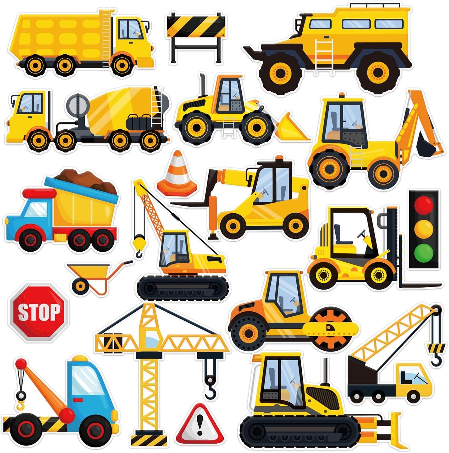 Tevxj Construction Vinyl Gel Clings, 20 Pcs Yellow & Black Transportation Stickers for Kids, Reusable Wall & Window Decor, Airplane, Truck Decals, Party Supplies