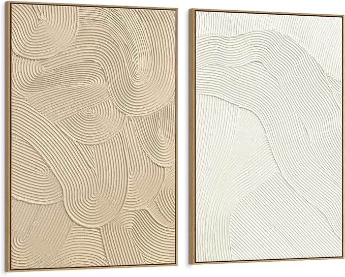 SAFERRYHOME Neutral Abstract Hand Painted Wall Art, Textured, 24"x36"x2 | Large 3D Framed White and Brown Wall Decor, Modern Painting Minimalist Geometric Texture Artwork for Home Office Living Room