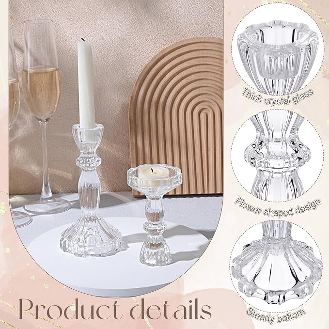 12 Pack Glass Candlestick Holders Set 4.3/6.1'' Taper Stripe Candle Holder Bulk Floral Shape Crystal Decorative Candle Stand Centerpiece for Table Wedding Dining (Clear)