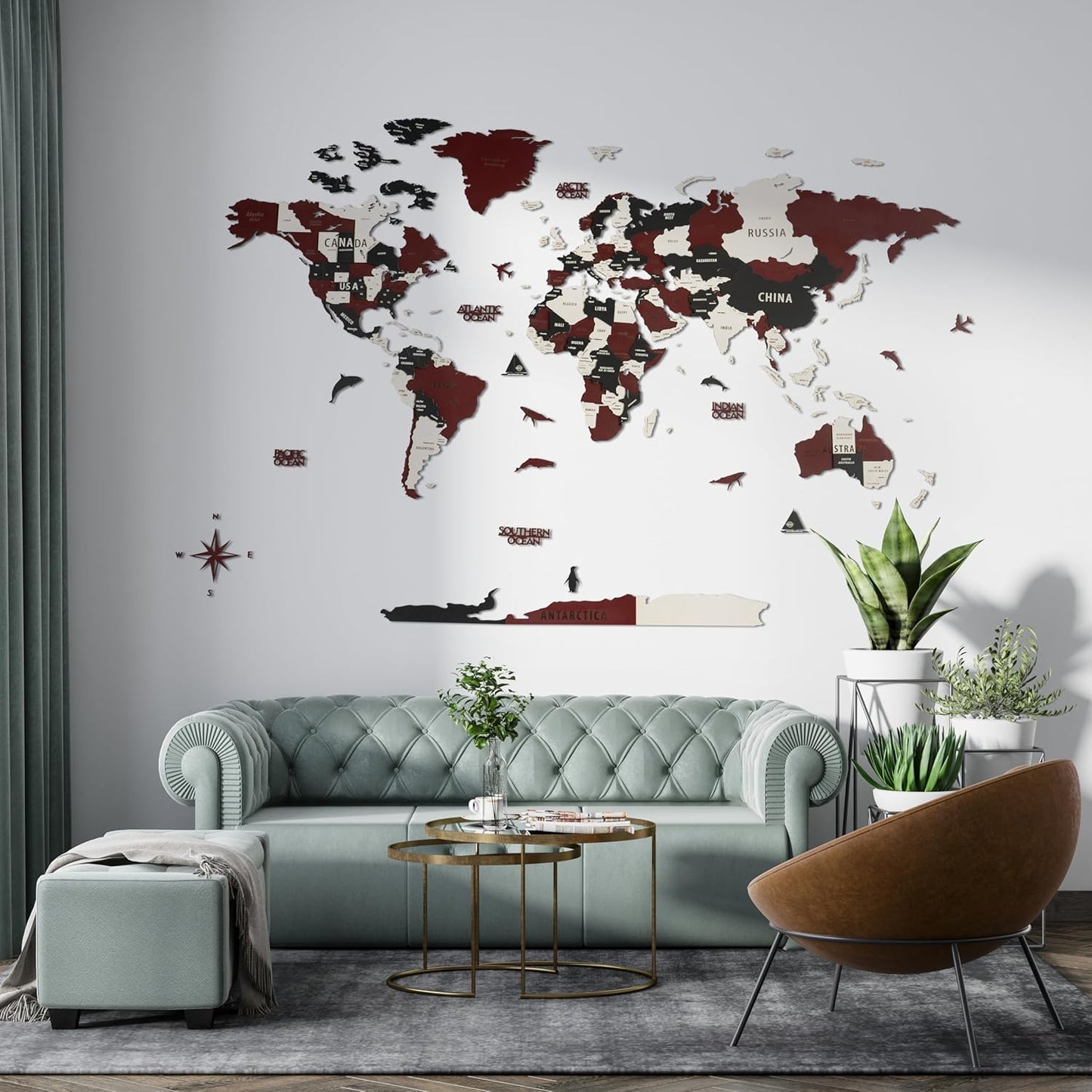Colorfull Worlds 3D Wooden World Wall Art | Unique Wall Decor with Pins for Travel Enthusiasts | Home and Office Wall Décor | Burgundy | XLarge